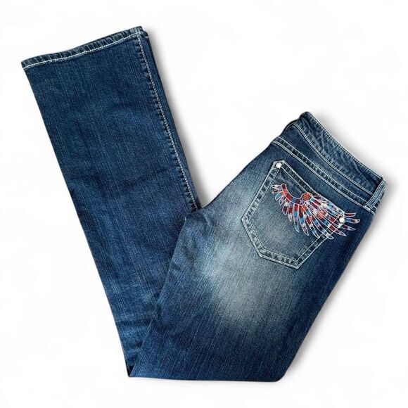 Rock 47 by WRANGLER Wings Embroidered Ultra Low Rise Bootcut Jeans Sz 7/8 - Picture 1 of 9
